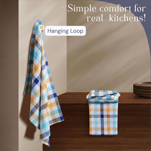 CHISHZL-Check Dish Towels 4 Pack, 18"x26", Absorbent Hand Towels for Kitchen Use, Quick Dry Cloths, Durable Washable Rags, Reusable Dishcloth Set - Indigo Blue, Mustard Yellow, Aqua Blue