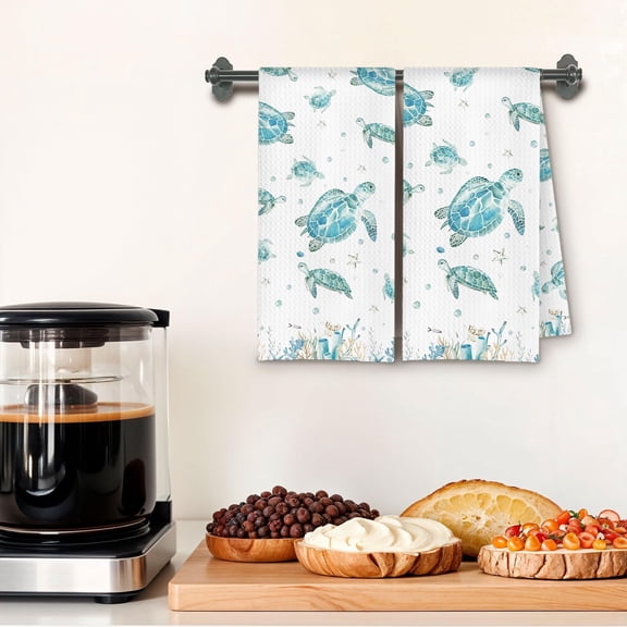 CHISHZL-Coastal Beach Sea Turtle Kitchen Towels, Turtle Lover Gifts Dish Tea Towel for Kitchen Decor, Nautical Coastal Beachy Hand Towels for Bathroom, 16x24 Inches Set of 2