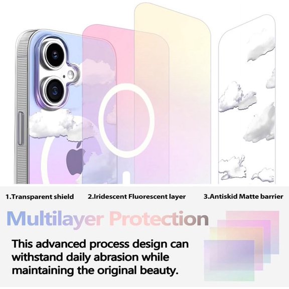 CHISHZL-Compact Case for iPhone 16 Plus Iridescent Cloud Design,[Compatible with Magsafe] Cute Soft Slim Shockproof Protective Phone Cases Women Girls Aesthetic Glitter