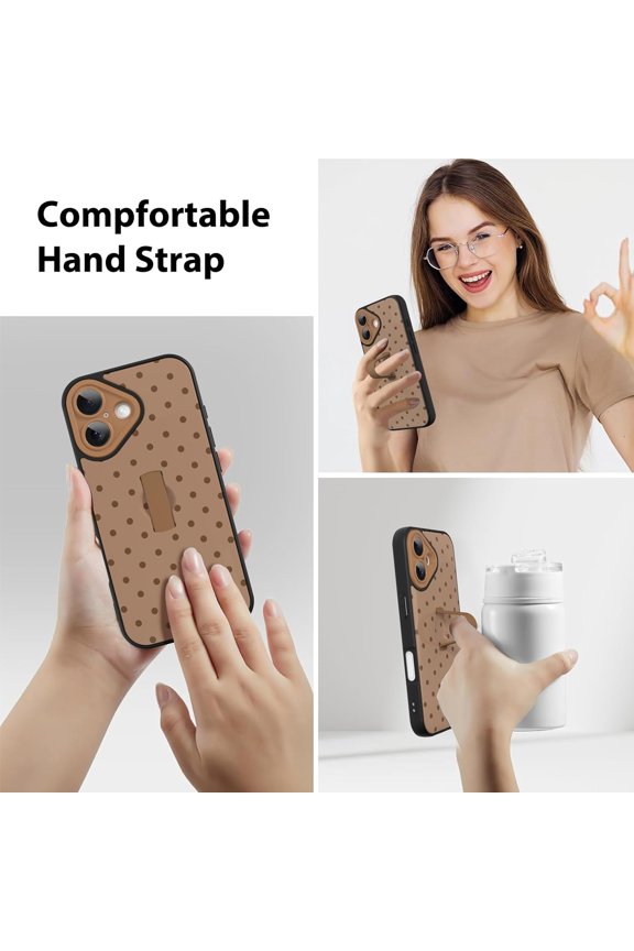 -Compatible with iPhone 16 Case Brown Dot Pattern Cute Wristband Stand Phone Cover for Women Girls Men Shockproof Slim Protective Cover Phone 16 6.1 Inch