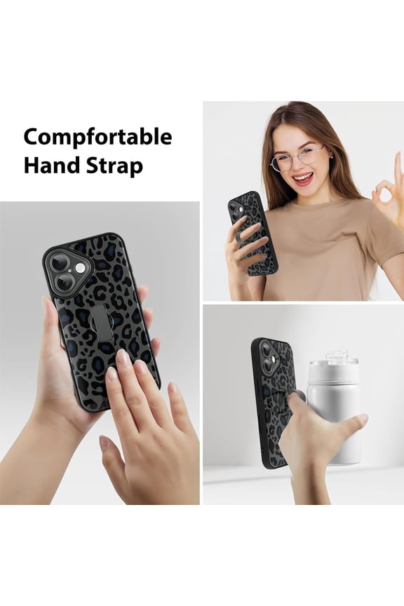 -Compatible with iPhone 17 Case Black Leopard Print Pattern Cute Cheetah Wristband Stand Phone Cover for Women Girls Men Shockproof Slim Protective Cover 17 6.1 Inch