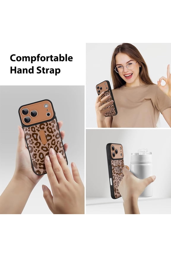 -Compatible with iPhone 17 Pro Case Brown Leopard Print Pattern Cute Cheetah Wristband Stand Phone Cover for Women Girls Men Shockproof Slim Protective Cover 17 Pro 6.1 Inch