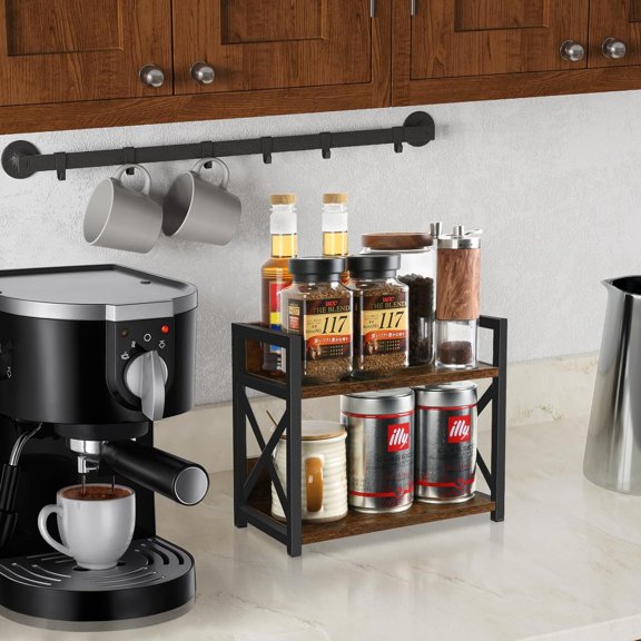 CHISHZL-Countertop Shelf Organizer,Coffee Bar Accessories,Spice Rack,Coffee Counter Shelf,2 Tier Coffee Organizer Station for Mugs,Cups,Cream,Syrup(Rustic Brown, Small)