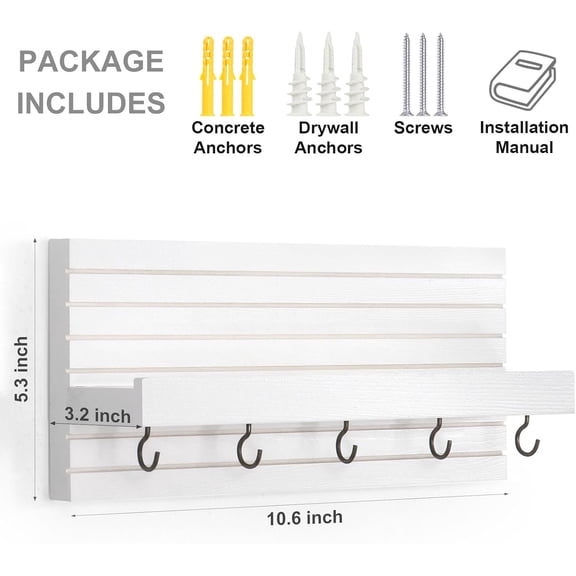 CHISHZL-Decorative Key Holder for Wall with Shelf, Entryway Shelf with Hooks Holds Leashes, Jackets and Glasses Sturdy Wood Keyholder Entrance Hanger with Mounting Hardware (White, Medium)