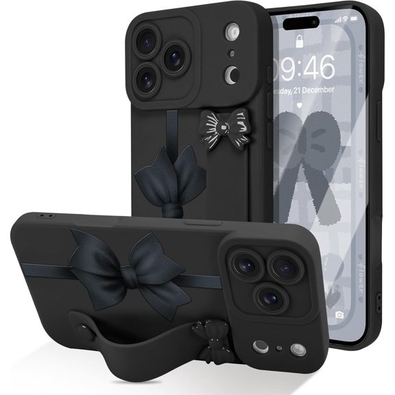 CHISHZL-Designed for iPhone 17 Pro Max Case with Wrist Strap Elegant Bow Ribbon Design with Adjustable Wristband Shockproof Soft TPU Camera Protection Phone Cover for Women Girls - Black Bow