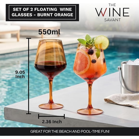 CHISHZL-Floating Wine Glasses for Pool (18 Oz | Set of 2) - Wine Glass Set That Float | Shatterproof Poolside Wine | Beach Glass | Outdoor Tritan Plastic Glassware with Stem for Patio, Picnic - Burnt