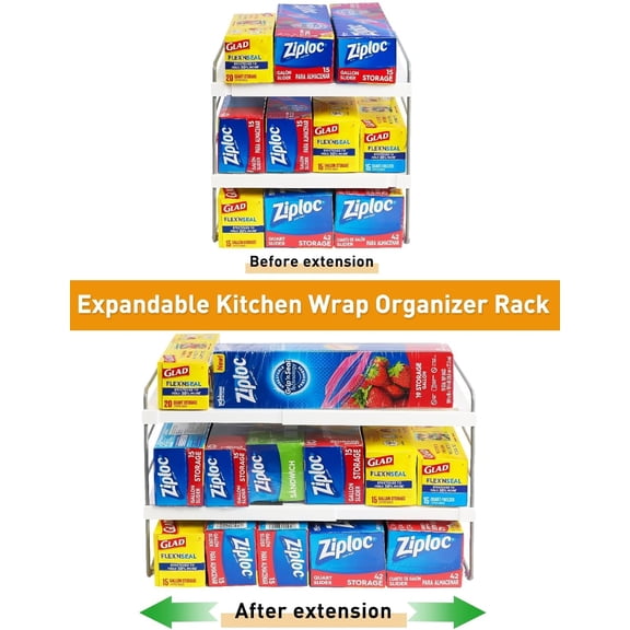 CHISHZL-Foil and Plastic Wrap Organizer, Expandable Kitchen Pantry Storage, Height Adjustable Cabinet Rack for Kitchen Organization, Aluminum Foil -3 Tier 9.8" to 15.6"L