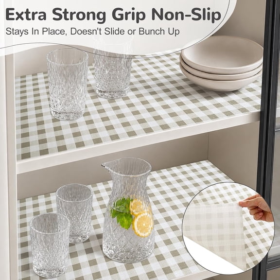 CHISHZL-Green Gingham Drawer Liner, Non-Adhesive Shelf and Kitchen Cabinet Protector, 11.8IN x 20FT Non-Slip Strong Grip Waterproof Contact Paper, Smooth Surface Liners for Cabinets, Bathrooms, Cupbo