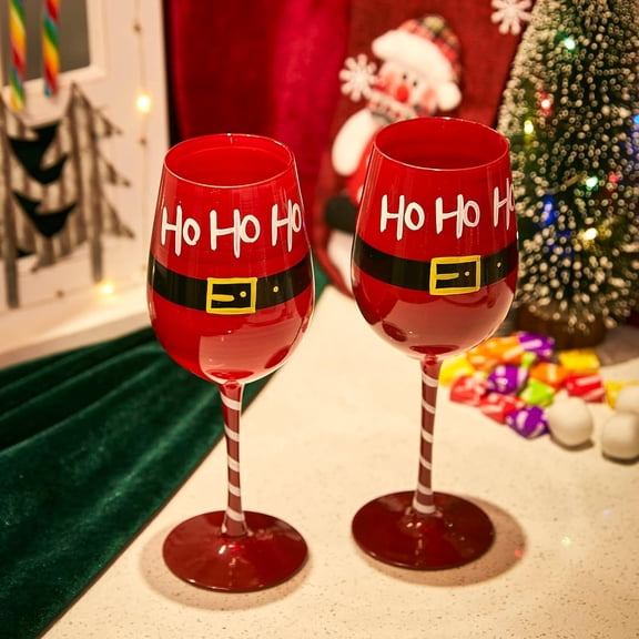 CHISHZL-Ho Ho Ho Santa Wine Glasses Set of 2, Red & Black Stemmed Goblets for Parties, Decor Gifts  Santa Glassware for Celebrations Gift, Red & White Wines 17.5oz