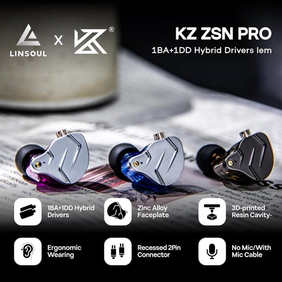 CHISHZL-KZ ZSN Pro Dual Driver 1BA+1DD Hybrid Metal Earphones HiFi in-Ear Monitor with Detachable Recessed 2Pin Cable, Zin Alloy Panel (with Mic, Black)