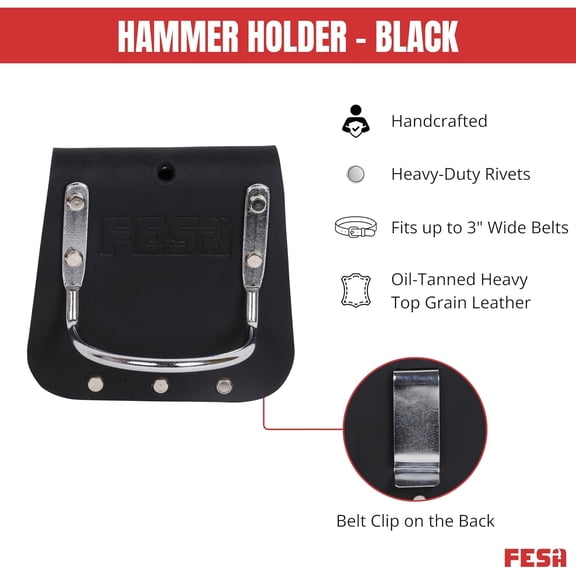 CHISHZL-Leather Hammer Holder for Belt - Top Grain Leather Hammer Holster with Steel Hammer Loop & Reinforced Heavy Duty Rivets - Fits Belts up to 3" - Handcrafted
