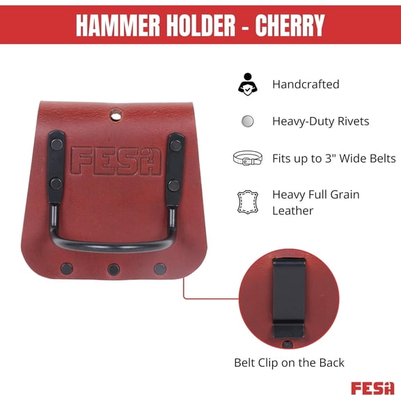 CHISHZL-Leather Hammer Holder for Belt - Top Grain Leather Hammer Holster with Steel Hammer Loop & Reinforced Heavy Duty Rivets - Fits Belts up to 3" - Handcrafted