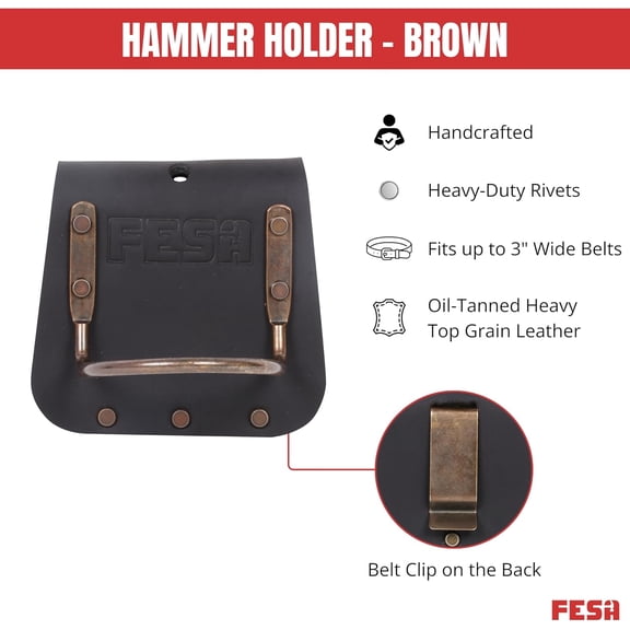 CHISHZL-Leather Hammer Holder for Belt - Top Grain Leather Hammer Holster with Steel Hammer Loop & Reinforced Heavy Duty Rivets - Fits Belts up to 3" - Handcrafted
