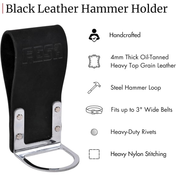 CHISHZL-Leather Hammer Holder for Belt - Top Grain Leather Hammer Holster with Steel Hammer Loop & Reinforced Heavy Duty Rivets - Fits Belts up to 3" - Handcrafted