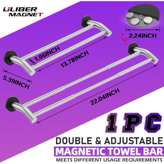 CHISHZL-Magnetic Towel Bar, Extendable Double Towel Rack with Arched Arms, Magnetic Kitchen Towel Holder Rod Hook for Refrigerator, Laundry, Dishwasher, Oven, Stove (Silver)