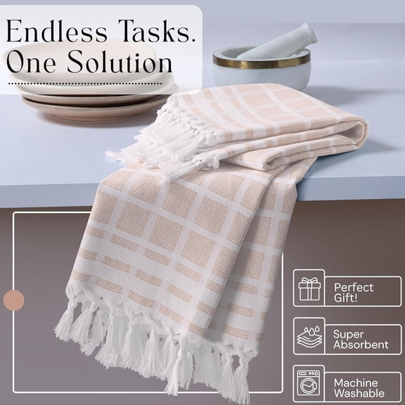CHISHZL-Matrix Dobby Kitchen Towels 4 Pack 100% Cotton, 16"x26", Handmade Knotted Tassel Dish Towels, Reusable & Washable Cloths for Drying, Absorbent Tea Towel for Cleaning - Beige, White