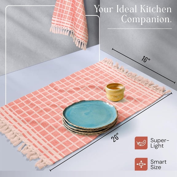CHISHZL-Matrix Dobby Kitchen Towels 4 Pack 100% Cotton, 16x26 Inches, Decorative Tea Towels with Handmade Tassels, Absorbent, Reusable Dish Cloths for Drying Dishes - Bright Orange, Natural
