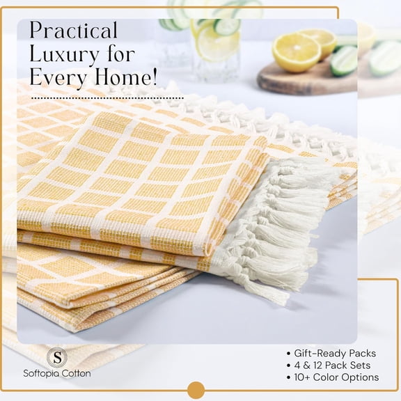 CHISHZL-Matrix Dobby Kitchen Towels 4 Pack 100% Cotton, 16x26 Inches, Decorative Tea Towels with Handmade Tassels, Absorbent Washable Wash Cloths for Kitchen Drying - Mustard Yellow, Natural