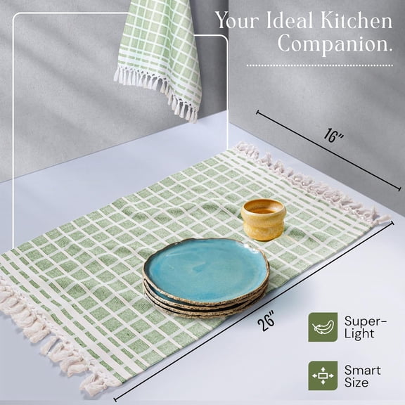 CHISHZL-Matrix Dobby Kitchen Towels 4 Pack 100% Cotton, 16x26 Inches, Fast Drying, Absorbent Dish Towels with Handmade Tassels, Reusable Cleaning Cloths for Daily Use - Mint Green, White