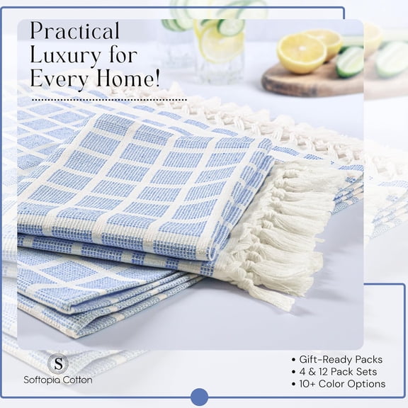 CHISHZL-Matrix Dobby Kitchen Towels 4 Pack, 100% Cotton, 16x26 Inches, Handmade Knotted Tassel Dish Towels, Quick Dry, Durable, Absorbent and Reusable Cleaning Cloths - Sky Blue, Natural