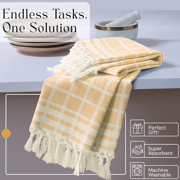 CHISHZL-Matrix Dobby Kitchen Towels Set of 4, 100% Cotton, Combo Pack, 16"x26", Absorbent Tea Towels with Tassels, Reusable Cleaning Cloths - Rose Pink, Burgundy, Mustard Yellow, Grey