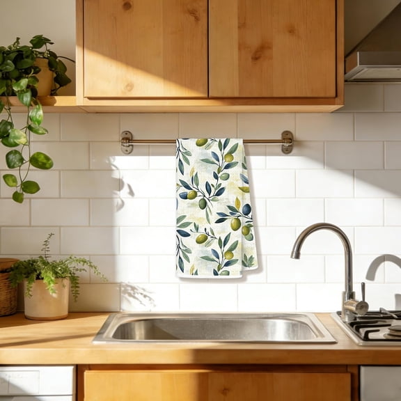 CHISHZL-Mediterranean Farmhouse Green Olive Kitchen Towels 16x24 in, Cottage Core Bathroom Decor, Vintage Cottagecore Botanical Decorative Olive Green Dish Towels for Bathroom Kitchen