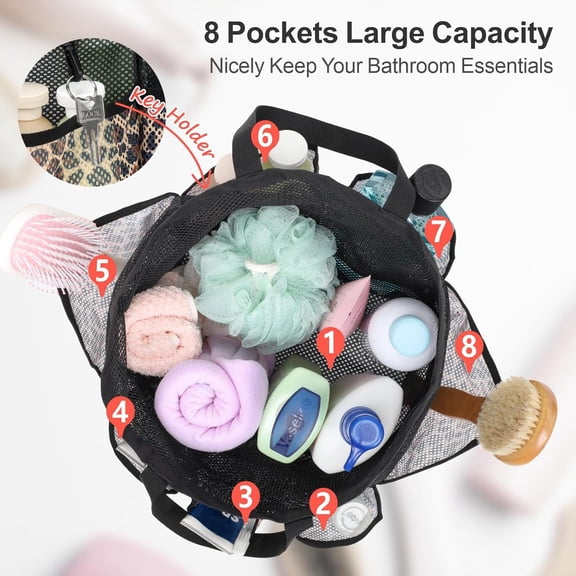 CHISHZL-Mesh Shower Caddy Portable with Drawstring - Large 8 Pockets Dorm Room Essentials for Guys Girls with S Hook, Shower Bag Basket Tote for College Camping Gym Travel Toiletry Bathroom, Leopard