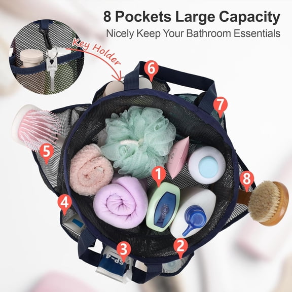 CHISHZL-Mesh Shower Caddy Portable with Drawstring - Large 8 Pockets Dorm Room Essentials for Guys Girls with S Hook, Shower Bag Basket Tote for College Camping Gym Travel Toiletry Bathroom, Dark Blu