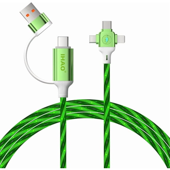 CHISHZL-Multi Ports Charger Cable 6 Combinations in One Cable USBA/USBC to USB C/MicroUSB Fast Charging Cord Lighted Up LED Flowing Compatible with Almost All Electric Device-39Inches Starry Green