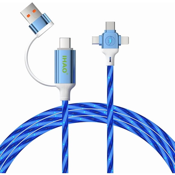 CHISHZL-Multi Ports Charger Cable 6 Combinations in One Cable USBA/USBC to USB C/MicroUSB Fast Charging Cord Lighted Up LED Flowing Compatible with Almost All Electric Device-39Inches Starry Blue