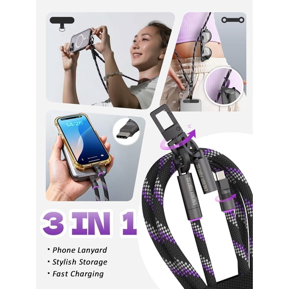 CHISHZL-Phone Lanyard Crossbody Built in USB-C Fast Charging Cable with 2 Phone Tabs, Reflective Nylon Anti Theft Neck Strap for Phones Camera, Rotatable Metal Buckles, Cell Phone lanyard for Travel