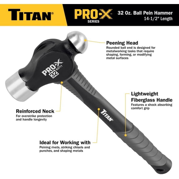 CHISHZL-Pro-X 63711 32oz Ball Pein Hammer, 14.5" Shock Absorbing Fiberglass Handle with Textured Rubber Grip, Overstrike Protection, Forged Steel Head