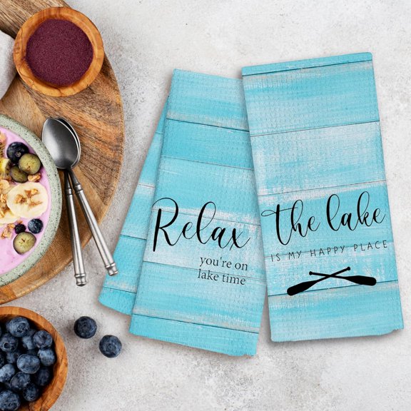 CHISHZL-Rustic Lake Kitchen Towels Set of 2, Lake House Decor, Lake Dish Towels for Kitchen, Lake House Essentials Gifts, on Lake Time Nautical Hand Towels for Bathroom, 16x24 Inch(Blue)