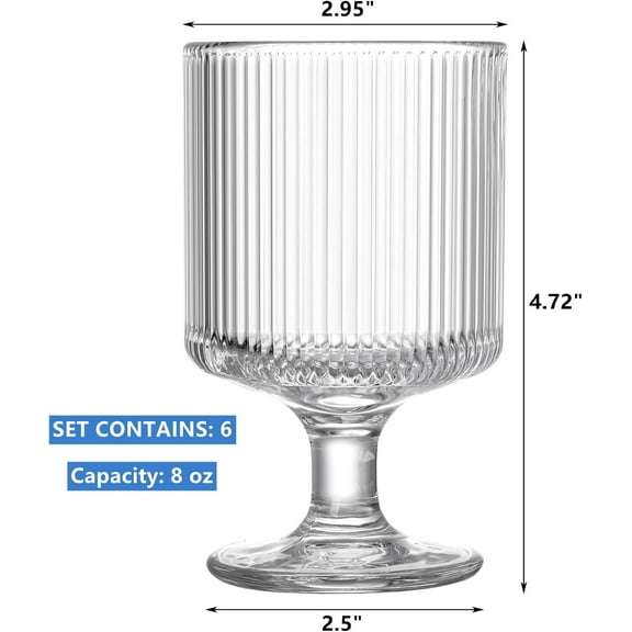 CHISHZL-Set of 6 Ribbed Vintage Wine Glasses, 8 oz Clear Interlocking Ribbed Water Goblet Glasses, Unique Short Stem Cocktail Glasses for Iced Tea, Juice, Whiskey, Beer, Dessert, Party
