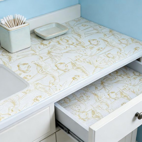 CHISHZL-Shelf Liners Non Adhesive Light Base Gold Lotus Pattern - Thickened Non-Slip Easy to Clean Drawer Liner for Kitchen Cabinets, Tool Box, Refrigerator, with Knife & Tape Measure, 12in x 20FT
