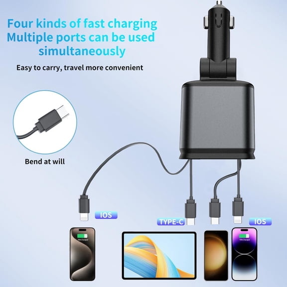 CHISHZL-Starlight Retractable Car Charger Adapter for iPhone 17,4 in 1 Fast Charging Car Phone Charger,69W USB C Car Truck Accessories,Road Trip Essentials Gift for Men Women for iPhone 17/16/15/14/1