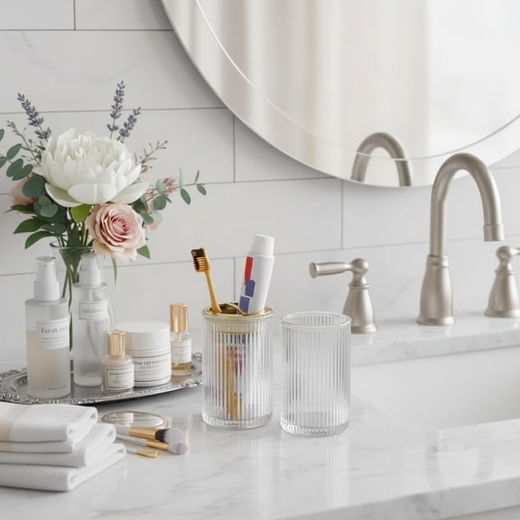 CHISHZL-Toothbrush Holders for Bathrooms, 2pcs Clear Glass Toothbrush Holder, Bathroom Toothbrush Cup and Toothpaste Holder with Gold Divider, Tooth Brush and Toothpaste Organizer for Countertop