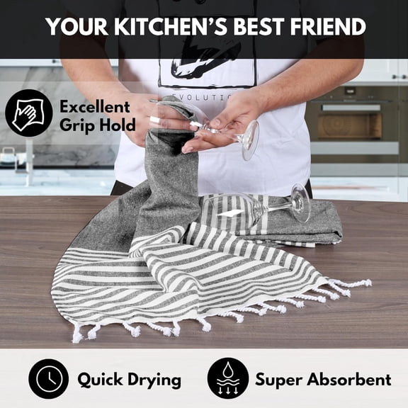 CHISHZL-Turkish Kitchen Towels 18x26 Inches with Tassels - 4 Pack - Absorbent, Durable, Soft 100% Cotton Dish Towels for Drying & Cleaning - Machine Washable, Quick Dry - Black