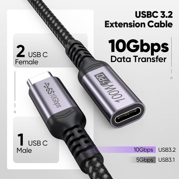CHISHZL-USB C Extension Cable 10ft 2 Pack, USB3.2 Gen2 Extender Male to Female Full Function 10Gbps Data Transfer/ 4K@60Hz Video/ 100W Charging, Type C Cord for Monitor Laptop Tablet Phone Dock Hub a