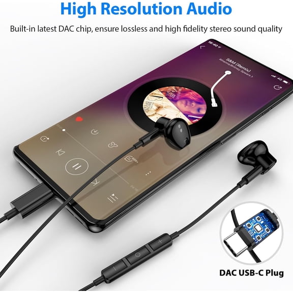 CHISHZL-USB C Headphones Magnetic Wired Earbuds HiFi Stereo Type C Earphones with Microphone Volume Control Wing Covers for Samsung S26 S25 S24 S23 A17, for iPhone 17 16 15 Pro Max Plus/iPad/Android,