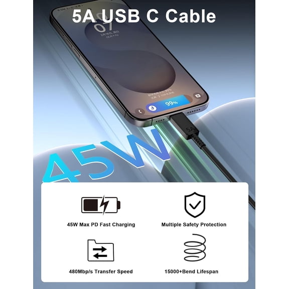 CHISHZL-USB C to USB C Cable 1.8M/5A,45W for Samsung Fast Charger Cable 6FT Type C Super-Fast Charging Cord for Samsung Galaxy S26 S25 S24 Ultra FE Edge S23 S22 A17 A16 A56 A57 Tab A9 S9 Z Fold 7 Pho