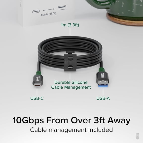 CHISHZL-USB C to USB A Cable with Desk Management Strap, 3.3 Ft, Supports 10Gbps Data Transfer, 3A (15W) Charging, USB 3.2 Gen 2, Compatible with iPhone 16, iPad, Samsung Galaxy, Tablets, Laptops