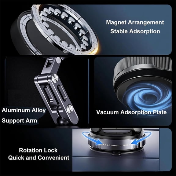 CHISHZL-Vacuum Magnetic Phone Holder for Car, 360Rotation Adjustable Aluminum Alloy Magnet Phone Stand with Join Ball and Dual-axis, Foldable Portable Suction Celphone Holder for Car/Gym/Mirror
