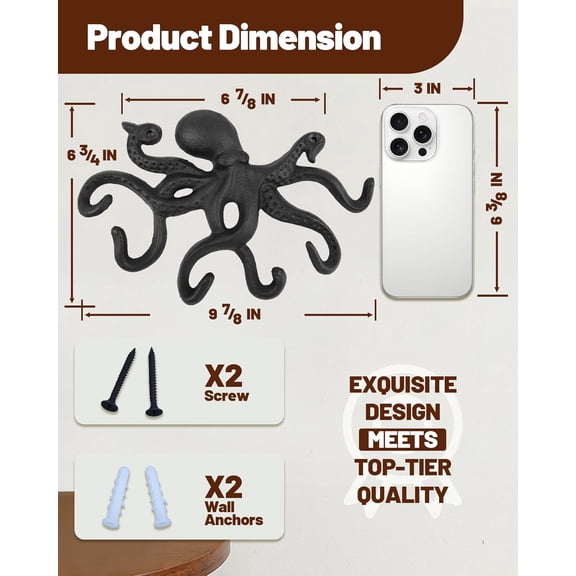 CHISHZL-Wall Hooks for Hanging - Cast Iron Vintage Wall Decor Coat Rack - Vintage Rustic Design Hat Hooks for Kitchen, Entryway - Handmade Heavy Duty Key Hook (Octopus)