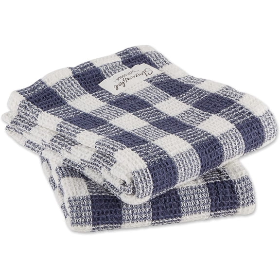 CHISHZL-Washed Waffle Weave Collection, Dishtowel Set, 18x28, Denim Check, 2 Piece