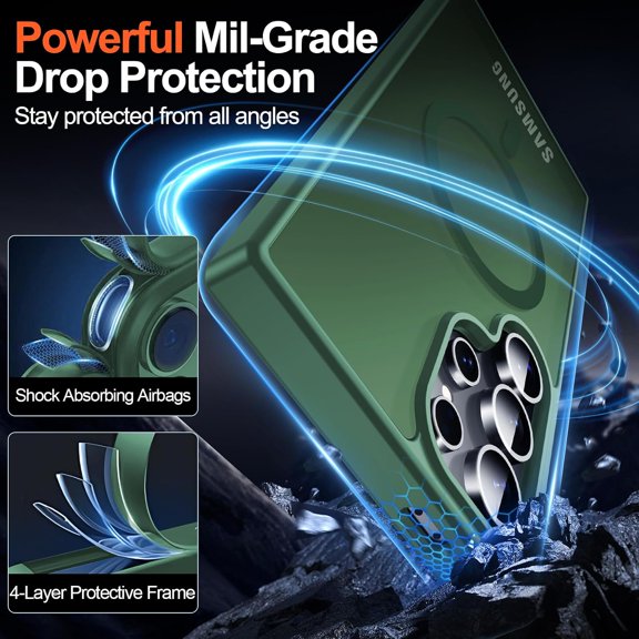 CHISHZL-for Samsung Galaxy S24 Ultra Case with Magnetic,[Compatible with MagSafe][12Ft Military Dropproof][2*Screen Protector] Translucent Anti-Slip Back Slim Shockproof Case for S24 Ultra-Green