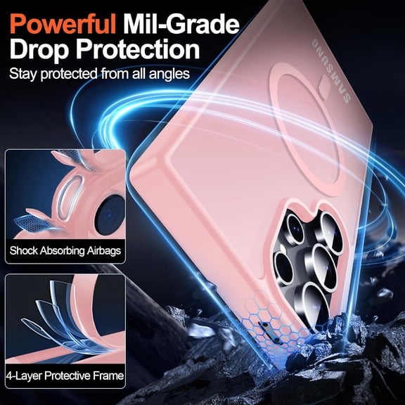 CHISHZL-for Samsung Galaxy S24 Ultra Case with Magnetic,[Compatible with MagSafe][12Ft Military Dropproof][2*Screen Protector] Translucent Anti-Slip Back Slim Shockproof Case for S24 Ultra-Pink