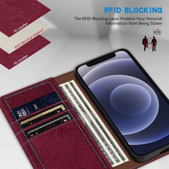 CHISHZL-for iPhone 12 Mini Wallet Case with [RFID Blocking] Card Slot Stand Strong Magnetic Leather Flip Fold Protective Phone Case for iPhone 12 Mini Case Wallet(Wine Red-5.4 inch)