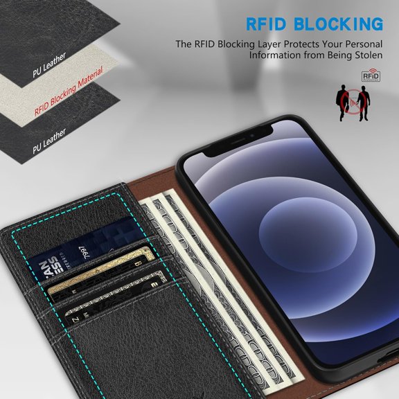 CHISHZL-for iPhone 12 Mini Wallet Case with [RFID Blocking] Card Slot Stand Strong Magnetic Leather Flip Fold Protective Phone Case for iPhone 12 Mini Case Wallet(Black-5.4 inch)