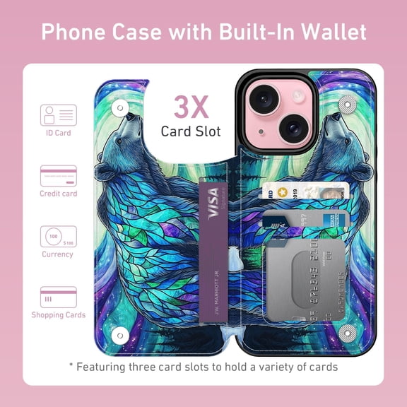 CHISHZL-for iPhone 13 Mini Wallet Case with Card Holder, RFID-Blocking, Military-Grade Protection & UV-Printed Artwork, Magnetic Closure with Leather Kickstand - Prismatic Aurora Bear